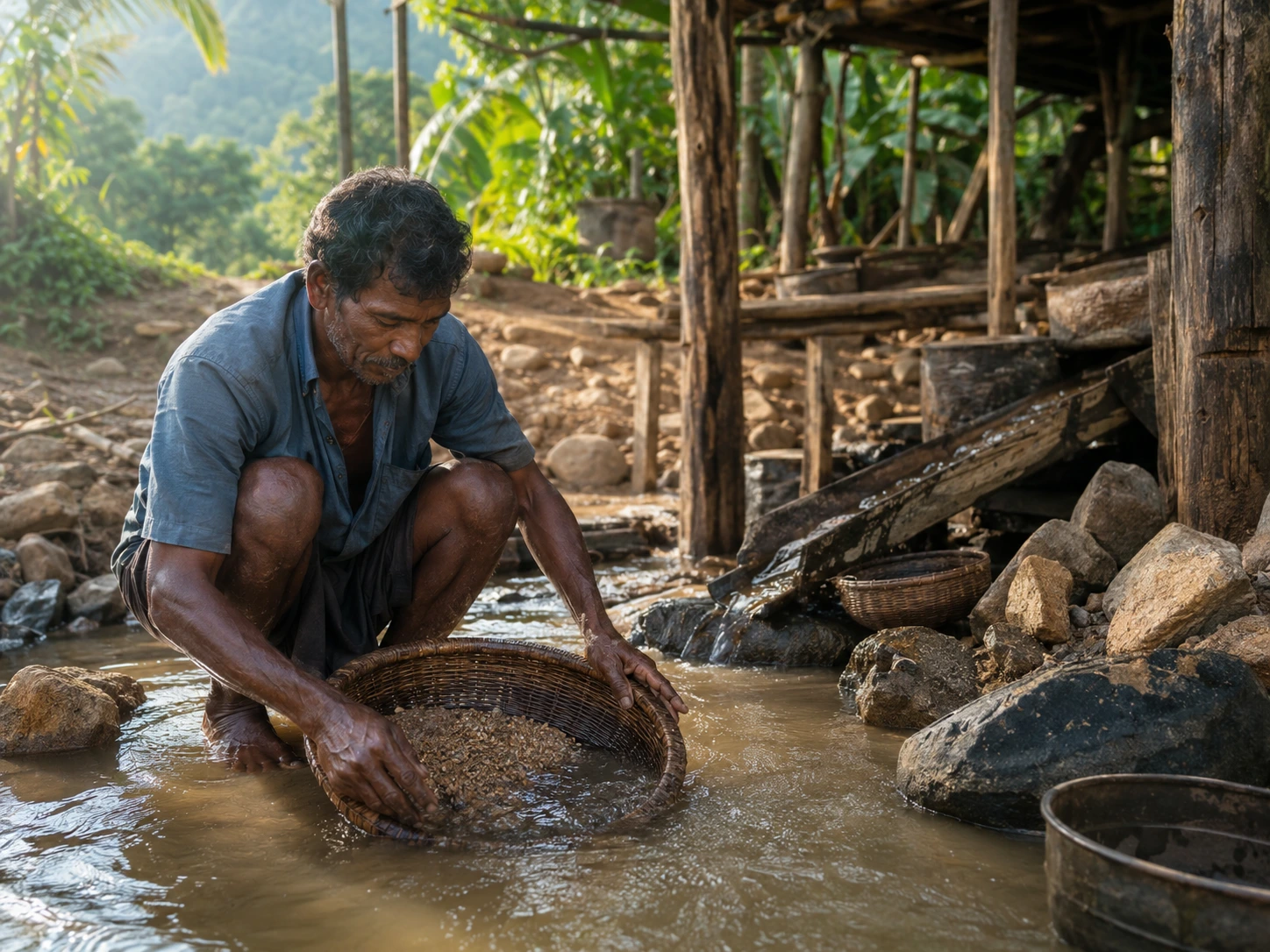 Traditional gem miner washing gravel at a gem mine in Ratnapura, Sri Lanka